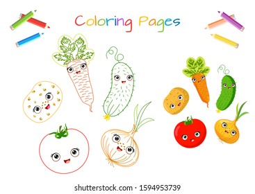 Coloring pages. Set funny of vegetables with kawaii face. Basket, tomato, cucumber, potato, onion, carrot. Sticker, postcard, scrapbooking, products for children.