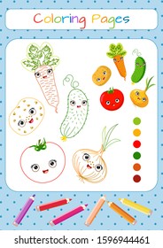 Coloring pages. Set funny of vegetables with kawaii face. Basket, tomato, cucumber, potato, onion, carrot. Sticker, postcard, scrapbooking, products for children.