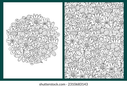 Coloring pages set with hand drawn flowers in zentangle style. Doodle floral templates for coloring book in US Letter format. Collection with black and white backgrounds. Vector illustration