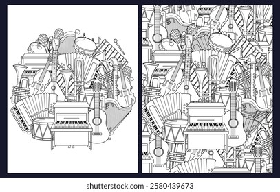 Coloring pages set with musical instruments. Doodle music elements templates for coloring book. Collection with black and white colouring pages for adults and kids. Vector illustration