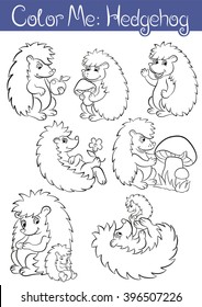 Coloring pages. Set of seven little cute hedgehogs. They are smile, wave, hold mushrooms, hold beby, hold an apple and hold a flower.
