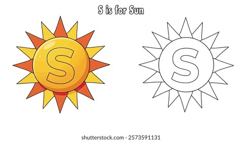 Coloring Pages of Sun and Letter S for Kids to Color.