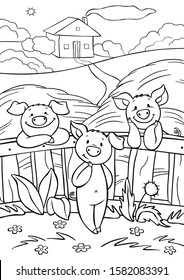 Coloring pages. Three little cute pigs are near the fence in the hay.