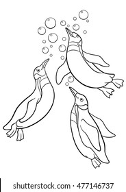 Coloring pages. Three little cute penguins swim and smile.