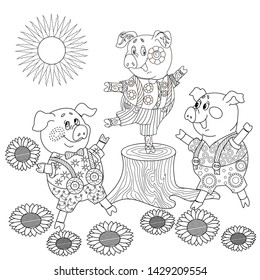 Coloring Pages. Three little pigs, Fairy tale. Coloring book. Page one. Coloring page. Illustration for children. Cute and funny cartoon characters