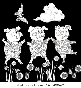 Coloring Pages. Three little pigs, Fairy tale. Coloring book. Page one. Coloring page. Illustration for children. Cute and funny cartoon characters
