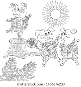 Coloring Pages. Three little pigs, Fairy tale. Coloring book. Page one. Coloring page. Illustration for children. Cute and funny cartoon characters