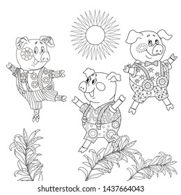 Coloring Pages. Three little pigs, Fairy tale. Coloring book. Page one. Coloring page. Illustration for children. Cute and funny cartoon characters