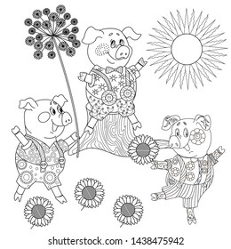 Coloring Pages. Three little pigs, Fairy tale. Coloring book. Page one. Coloring page. Illustration for children. Cute and funny cartoon characters