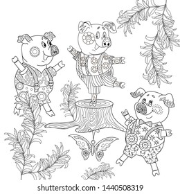 Coloring Pages. Three little pigs, Fairy tale. Coloring book. Page one. Coloring page. Illustration for children. Cute and funny cartoon characters