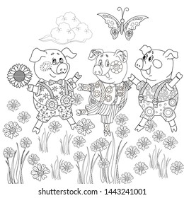 Coloring Pages. Three little pigs, Fairy tale. Coloring book. Page one. Coloring page. Illustration for children. Cute and funny cartoon characters