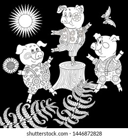 Coloring Pages. Three little pigs, Fairy tale. Coloring book. Page one. Coloring page. Illustration for children. Cute and funny cartoon characters