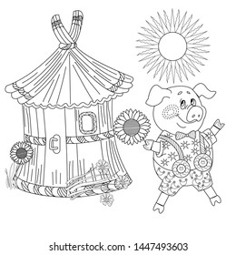 Coloring Pages. Three little pigs. Page two. Fairy tale. A cute pig and his straw hut. Coloring book. Coloring page. Illustration for children. Funny cartoon characters