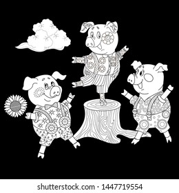 Coloring Pages. Three little pigs, Fairy tale. Coloring book. Coloring page. Illustration for children. Cute and funny cartoon characters