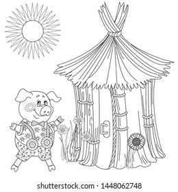 Coloring Pages. Three little pigs. Page two. Fairy tale. A cute pig and his straw hut. Coloring book. Coloring page. Illustration for children. Funny cartoon characters