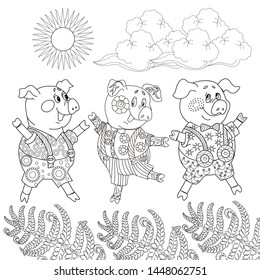 Coloring Pages. Three little pigs, Fairy tale. Coloring book. Page one. Coloring page. Illustration for children. Cute and funny cartoon characters