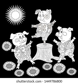 Coloring Pages. Three little pigs, Fairy tale. Coloring book. Page one. Coloring page. Illustration for children. Cute and funny cartoon characters
