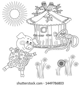 Coloring Pages. Three little pigs. Page two. Fairy tale. A cute pig and his straw hut. Coloring book. Coloring page. Illustration for children. Funny cartoon characters