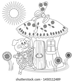 Coloring Pages. Three little pigs. Page two. Fairy tale. A cute pig and his straw hut. Coloring book. Coloring page. Illustration for children. Funny cartoon characters