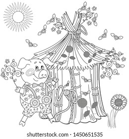 Coloring Pages. Three little pigs. Page two. Fairy tale. A cute pig and his straw hut. Coloring book. Coloring page. Illustration for children. Funny cartoon characters