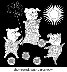 Coloring Pages. Three little pigs, Fairy tale. Coloring book. Page one. Coloring page. Illustration for children. Cute and funny cartoon characters