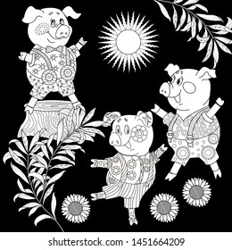 Coloring Pages. Three little pigs, Fairy tale. Coloring book. Page one. Coloring page. Illustration for children. Cute and funny cartoon characters