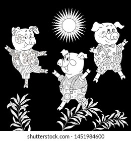 Coloring Pages. Three little pigs, Fairy tale. Coloring book. Page one. Coloring page. Illustration for children. Cute and funny cartoon characters