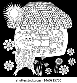 Coloring Pages. Three little pigs. Page two. Fairy tale. A cute pig and his straw hut. Coloring book. Coloring page. Illustration for children. Funny cartoon characters