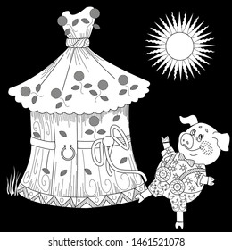 Coloring Pages. Three little pigs. Page two. Fairy tale. A cute pig and his straw hut. Coloring book. Coloring page. Illustration for children. Funny cartoon characters