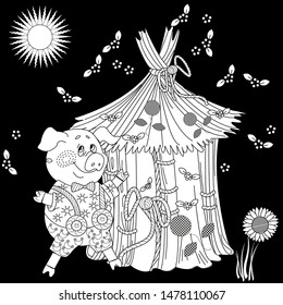 Coloring Pages. Three little pigs. Page two. Fairy tale. A cute pig and his straw hut. Coloring book. Coloring page. Illustration for children. Funny cartoon characters