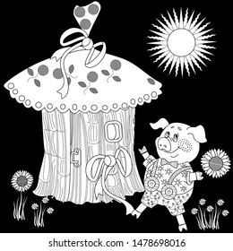 Coloring Pages. Three little pigs. Page two. Fairy tale. A cute pig and his straw hut. Coloring book. Coloring page. Illustration for children. Funny cartoon characters
