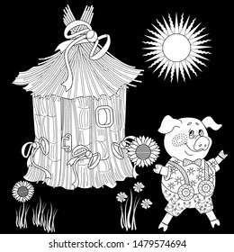 Coloring Pages. Three little pigs. Page two. Fairy tale. A cute pig and his straw hut. Coloring book. Coloring page. Illustration for children. Funny cartoon characters