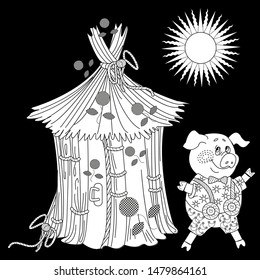 Coloring Pages. Three little pigs. Page two. Fairy tale. A cute pig and his straw hut. Coloring book. Coloring page. Illustration for children. Funny cartoon characters