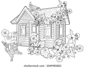 Coloring Pages. Three little pigs, Fairy tale. Coloring book. Page one. Coloring page. Illustration for children. Cute and funny cartoon characters