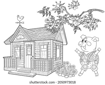 Coloring Pages. Three little pigs, Fairy tale. Coloring book. Page one. Coloring page. Illustration for children. Cute and funny cartoon characters
