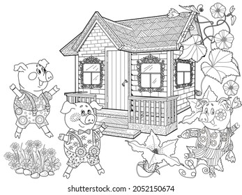 Coloring Pages. Three little pigs, Fairy tale. Coloring book. Page one. Coloring page. Illustration for children. Cute and funny cartoon characters