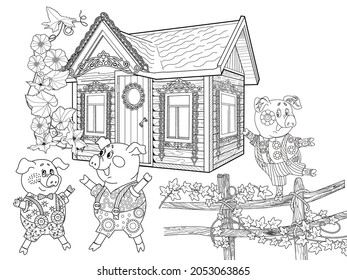 Coloring Pages. Three little pigs, Fairy tale. Coloring book. Page one. Coloring page. Illustration for children. Cute and funny cartoon characters