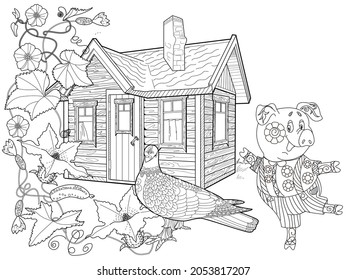 Coloring Pages. Three little pigs, Fairy tale. Coloring book. Page one. Coloring page. Illustration for children. Cute and funny cartoon characters