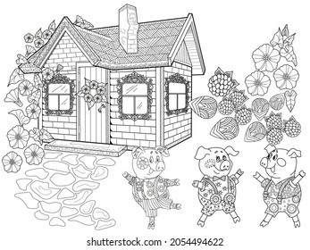 Coloring Pages. Three little pigs, Fairy tale. Coloring book. Page one. Coloring page. Illustration for children. Cute and funny cartoon characters