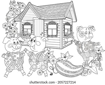 Coloring Pages. Three little pigs, Fairy tale. Coloring book. Page one. Coloring page. Illustration for children. Cute and funny cartoon characters