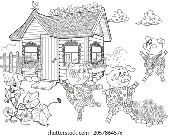 Coloring Pages. Three little pigs, Fairy tale. Coloring book. Page one. Coloring page. Illustration for children. Cute and funny cartoon characters