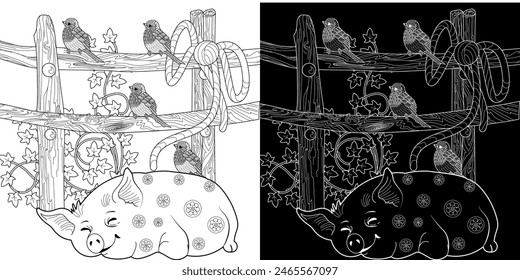 Coloring Pages. Three little pigs, Fairy tale. Coloring book. Page one. Coloring page. Illustration for children. Cute and funny cartoon characters
