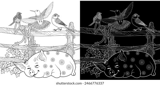 Coloring Pages. Three little pigs, Fairy tale. Coloring book. Page one. Coloring page. Illustration for children. Cute and funny cartoon characters
