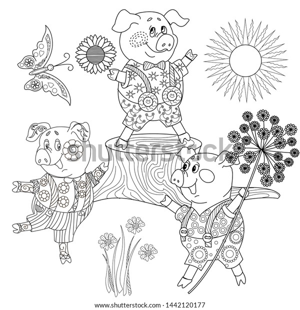 coloring pages three little pigs fairy stock vector royalty