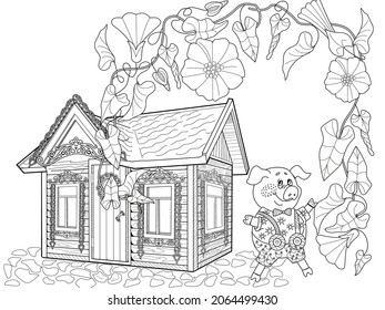 Coloring pages. Three pigs. Fairy tale. Merry three little pigs and their new home. Coloring book. Coloring. Illustrations for children. Funny characters