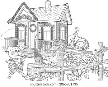 Coloring pages. Three pigs. Fairy tale. Merry three little pigs and their new home. Coloring book. Coloring. Illustrations for children. Funny characters