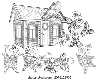 Coloring pages. Three pigs. Fairy tale. Merry three little pigs and their new home. Coloring book. Coloring. Illustrations for children. Funny characters