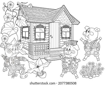 Coloring pages. Three pigs. Fairy tale. Merry three little pigs and their new home. Coloring book. Coloring. Illustrations for children. Funny characters