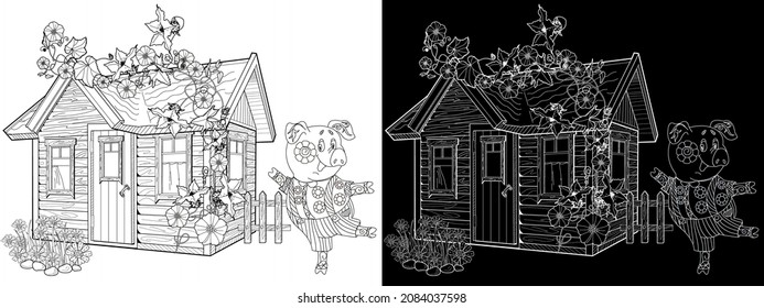 Coloring pages. Three pigs. Fairy tale. Merry three little pigs and their new home. Coloring book. Coloring. Illustrations for children. Funny characters