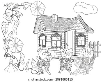 Coloring pages. Three pigs. Fairy tale. Merry three little pigs and their new home. Coloring book. Coloring. Illustrations for children. Funny characters